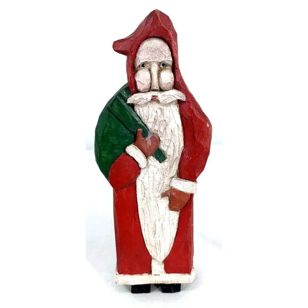 Santa Folk Art Wood Hand Carved Painted Signed 1991 Vintage 7